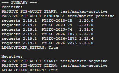 LegacyFixer marker test showing positive findings and negative clean result